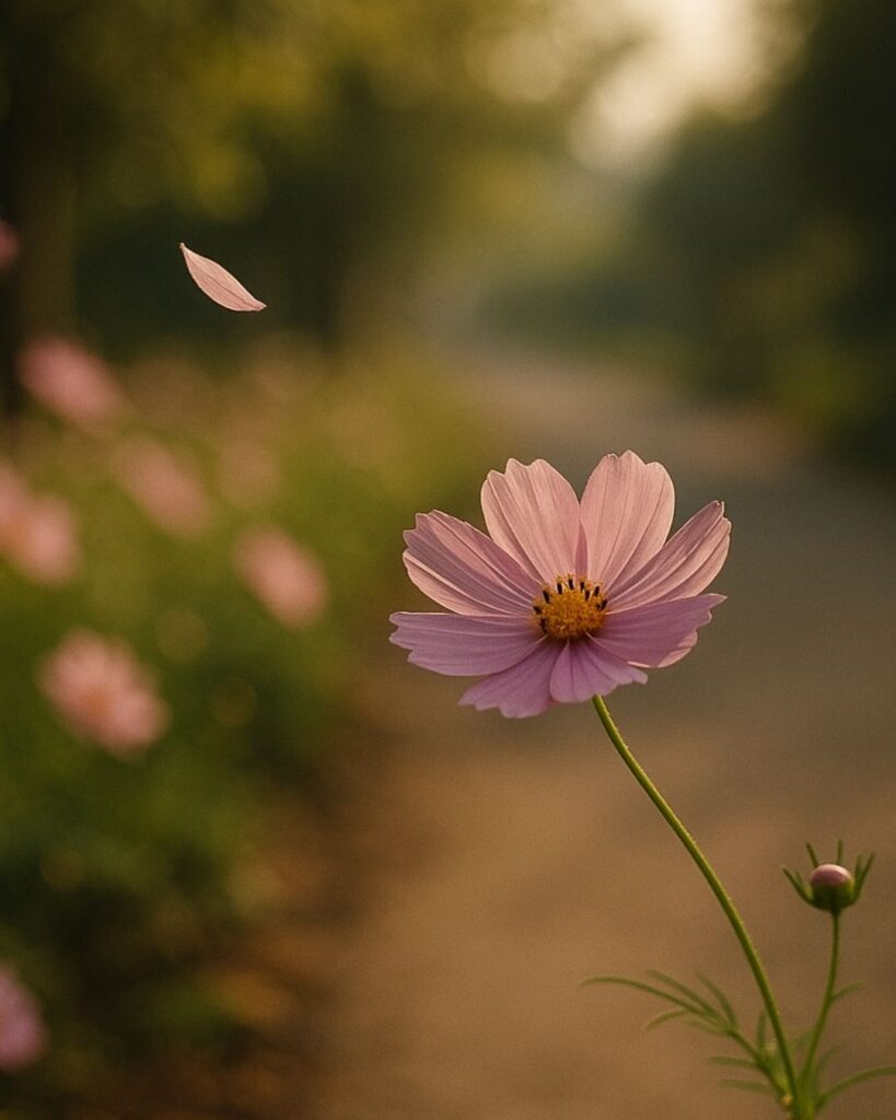 わたぼうし短歌帖「秋桜 ひと日の風に 揺れながら
いつもの径に やさしさひとひら」短歌イメージ画像