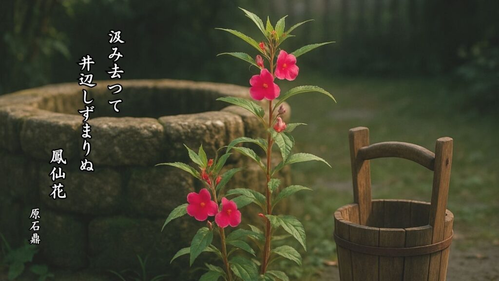 秋の植物季語12選-有名俳人の句で知る季節のことば「鳳仙花」『汲み去つて 井辺しずまりぬ 鳳仙花』「原石鼎」の俳句のイメージイラスト画像