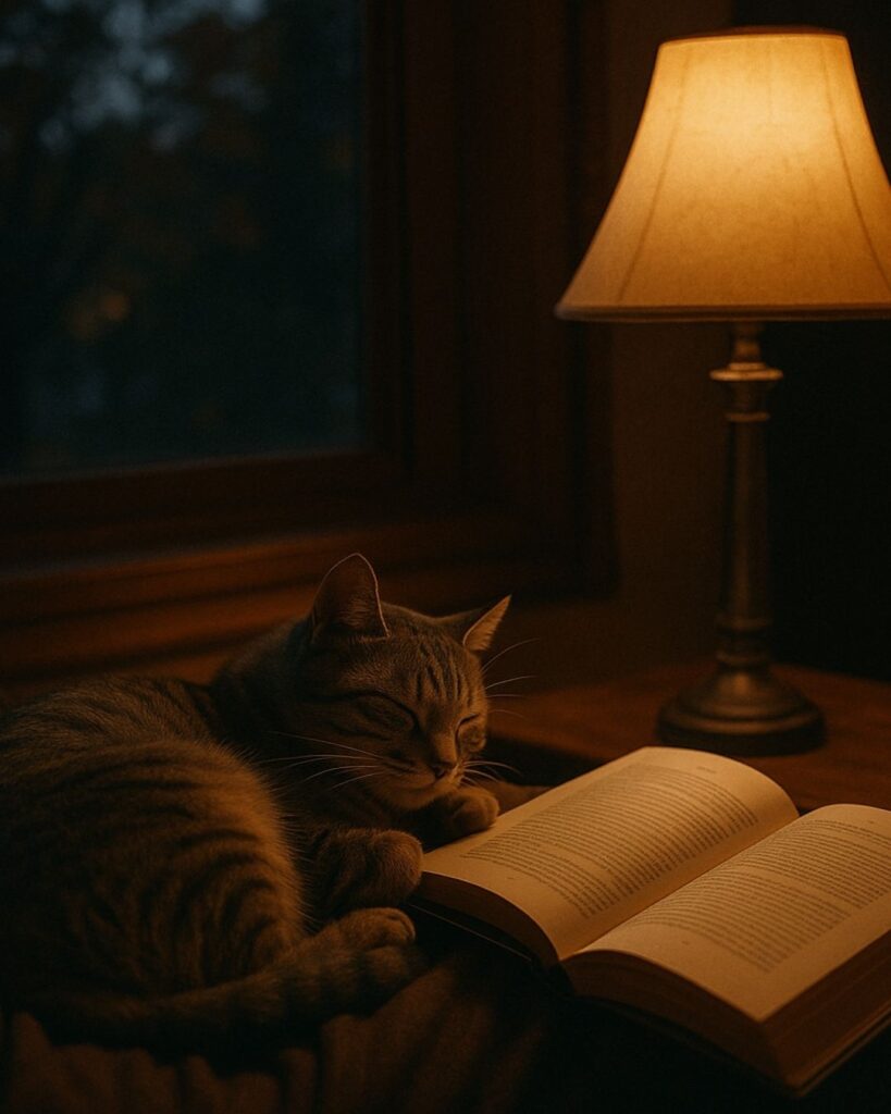 わたぼうし短歌帖「猫と灯に 寄り添ふ夜長 静かなり
頁を開けば 夜はつづけり」短歌イメージ画像