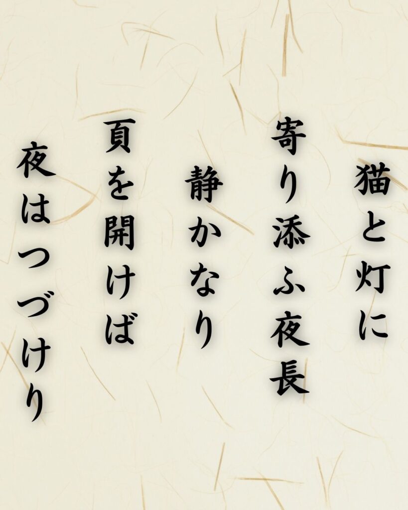 わたぼうし短歌帖「猫と灯に 寄り添ふ夜長 静かなり
頁を開けば 夜はつづけり」短歌テキスト画像
