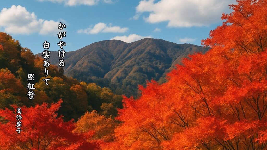 秋の植物季語12選-有名俳人の句で知る季節のことば「照葉」『かがやける 白雲ありて 照紅葉』「高浜虚子」の俳句のイメージイラスト画像