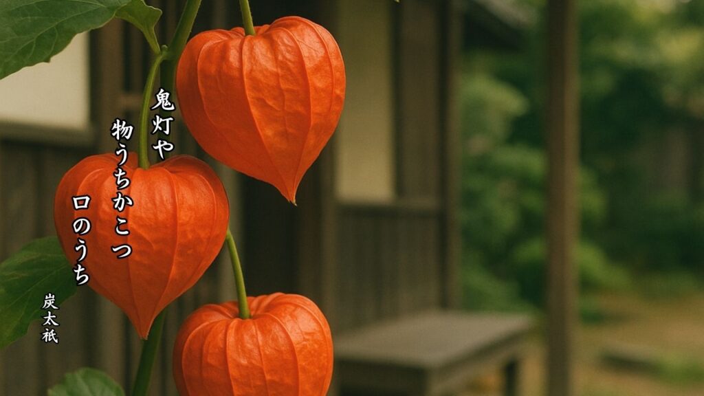 秋の植物季語12選-有名俳人の句で知る季節のことば「鬼灯」『鬼灯や 物うちかこつ 口のうち』「炭太祇」の俳句のイメージイラスト画像