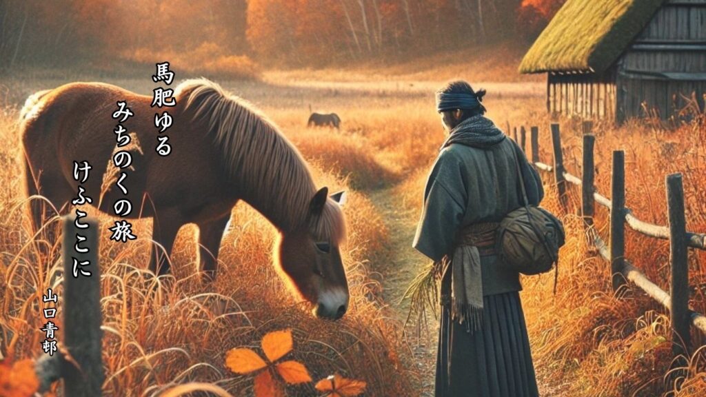 秋の動物季語12選-有名俳人の句で知る季節のことば「馬肥ゆる」『馬肥ゆる みちのくの旅 けふここに』「山口青邨」の俳句のイメージイラスト画像