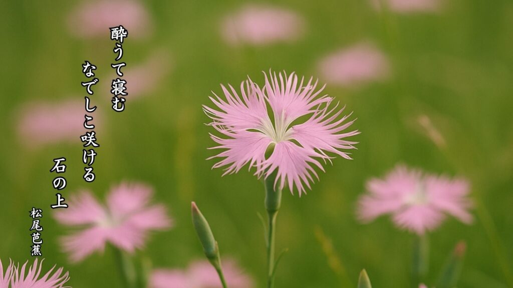 秋の植物季語12選-有名俳人の句で知る季節のことば「撫子」『酔うて寝む なでしこ咲ける 石の上』「松尾芭蕉」の俳句のイメージイラスト画像