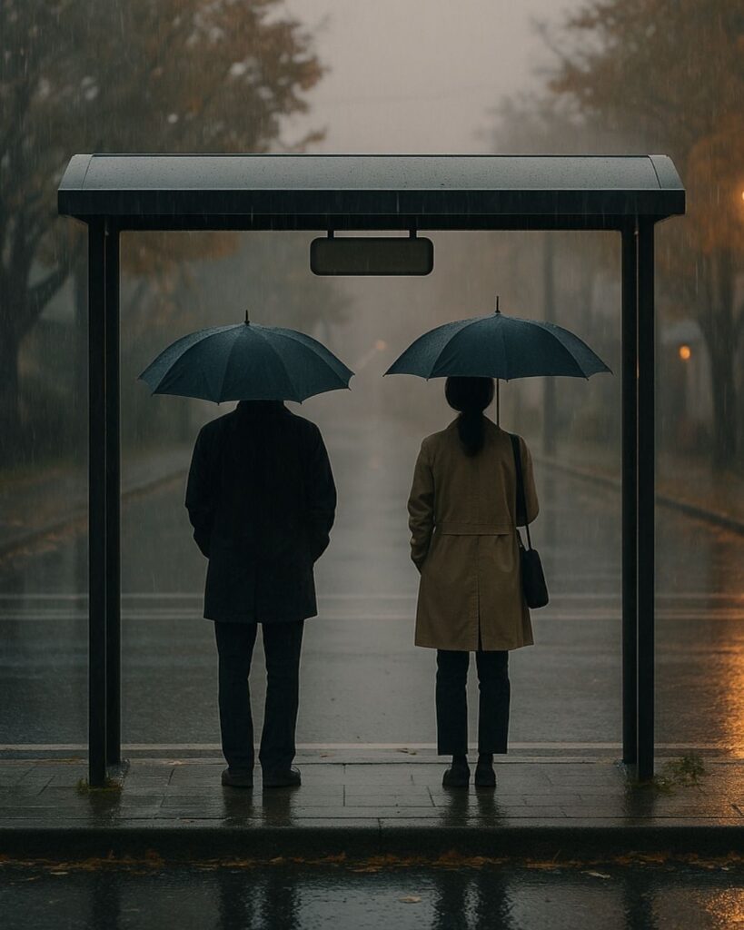 末吉俳句日記「無言にて バス停二人 秋時雨」俳句イメージ画像