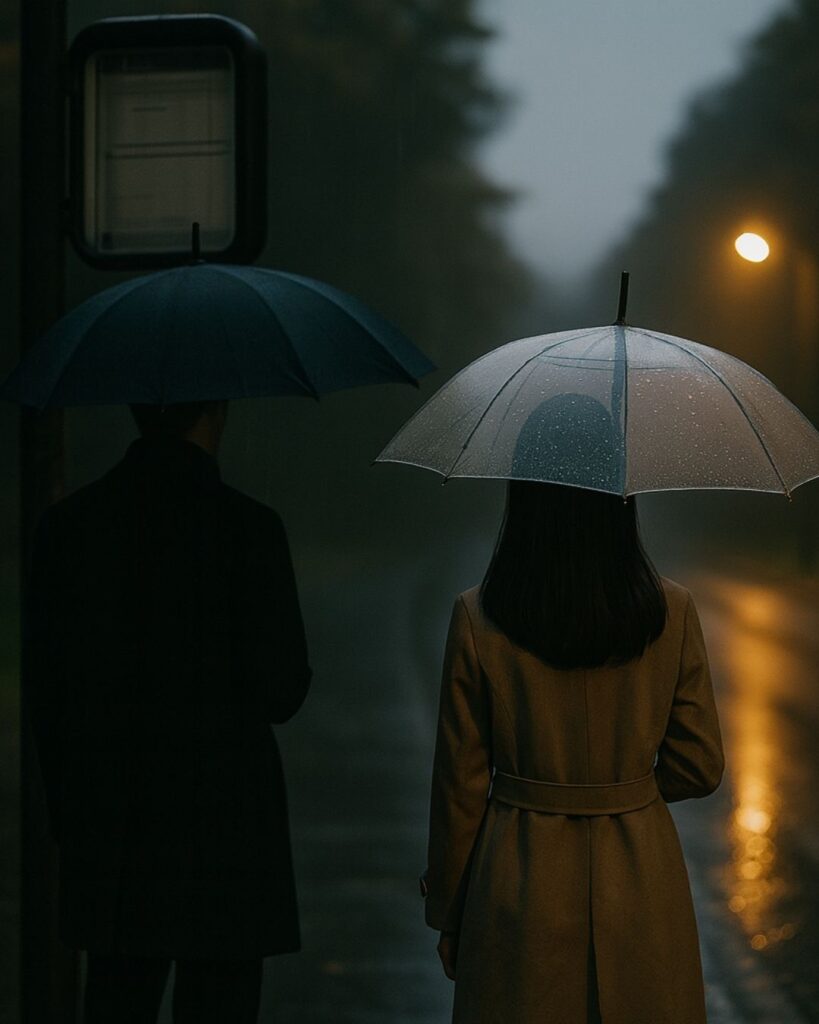 わたぼうし短歌帖「秋雨に 傘を並べて 待つ二人
言葉代わりて 雨を話せり」短歌イメージ画像