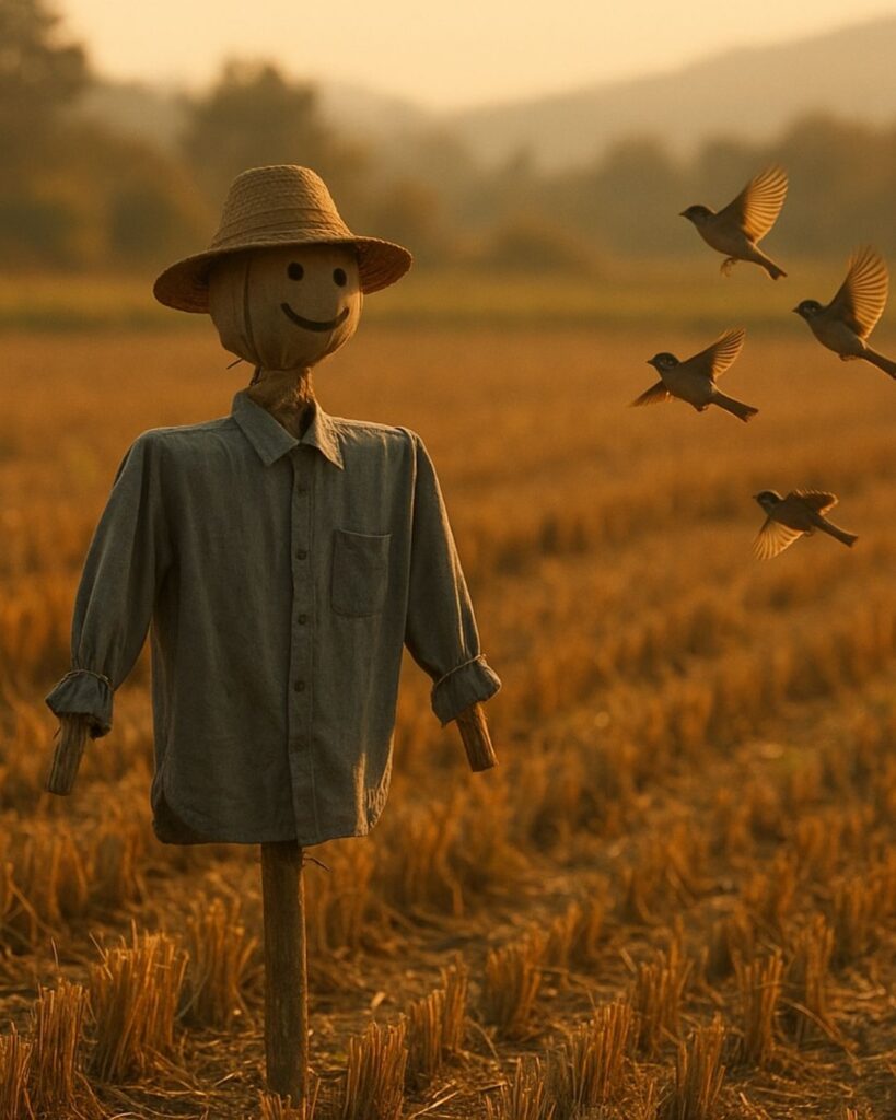 わたぼうし短歌帖「秋の田を 笑う案山子や 雀去る
働き終えて 風やさしかり」短歌イメージ画像