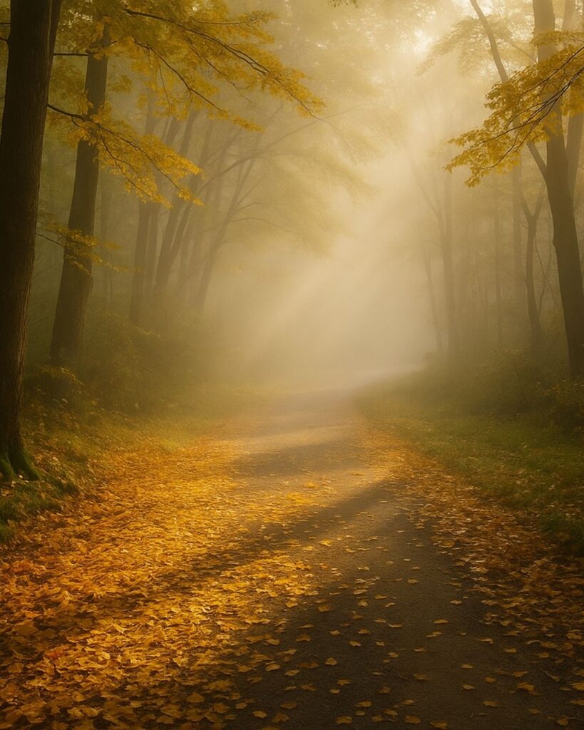 わたぼうし短歌帖「霧晴れて　黄金の道に　風とおり
迷いし日々の　色もあらたに」短歌イメージ画像