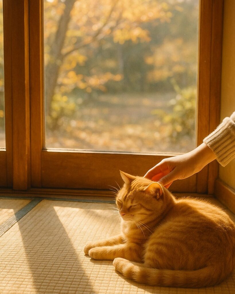 わたぼうし短歌帖「行く秋を　たぐる温みに　毛玉撫づ
穏やかに過ぐ　ひと日のこして」短歌イメージ画像