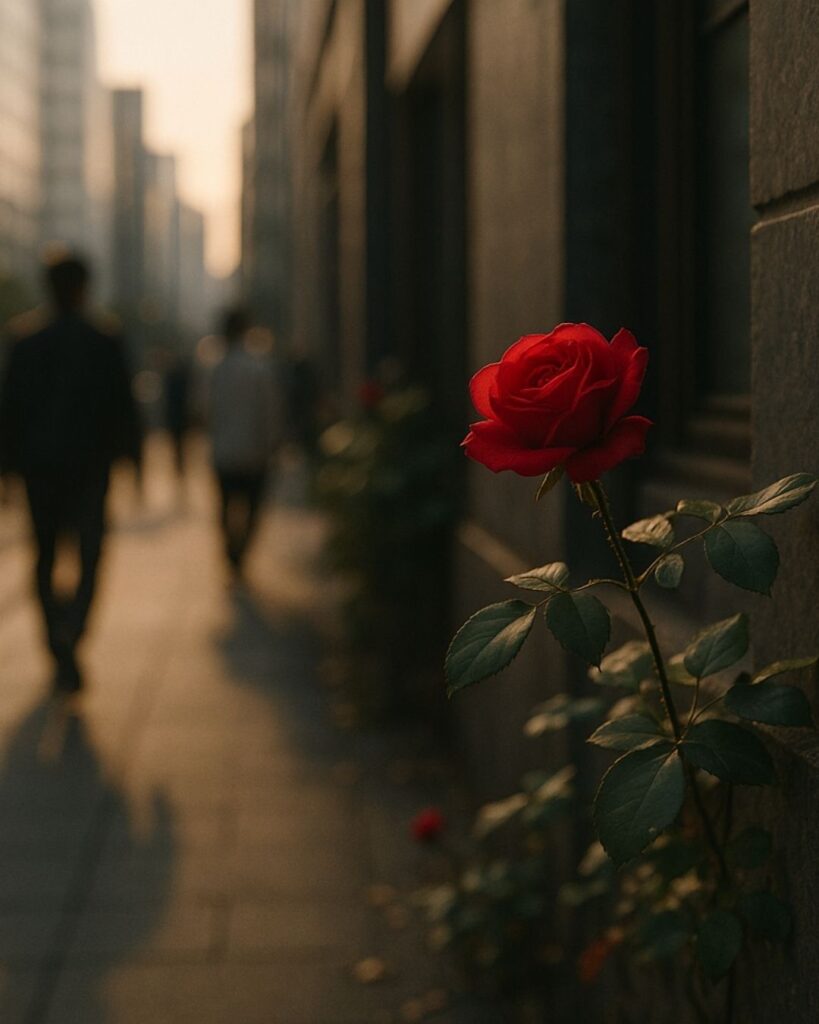 わたぼうし短歌帖「人波の 影をよぎりて 秋薔薇
静けさ抱き 街を見つめる」短歌イメージ画像
