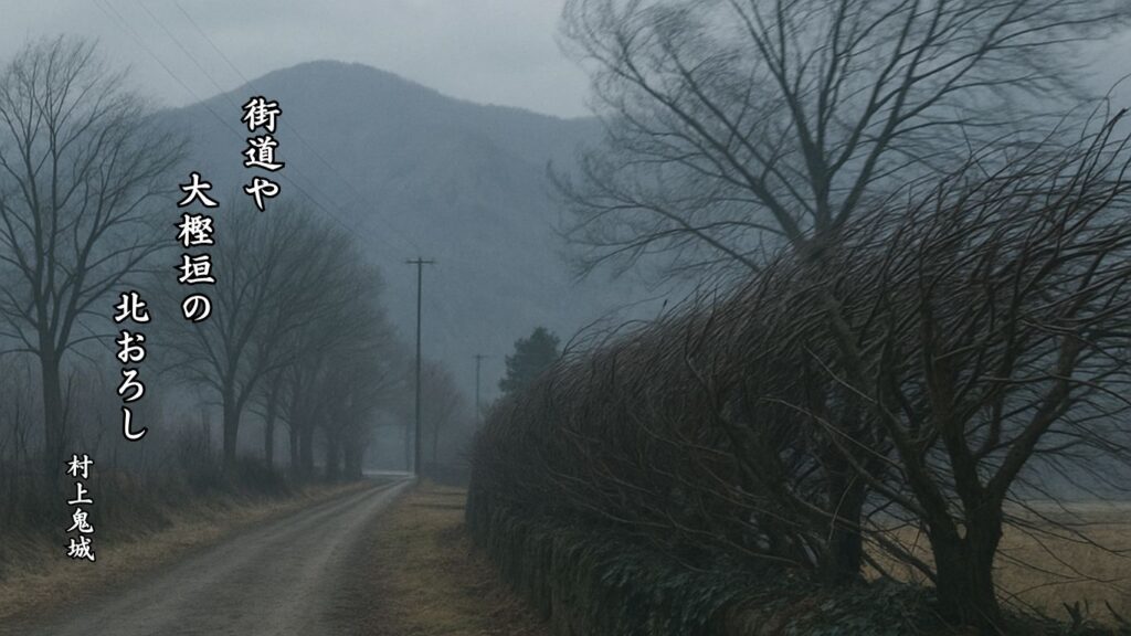 冬の天文季語12選vol.1-有名俳人の句で知る季節のことば「北颪」『街道や 大樫垣の 北おろし』「村上鬼城」の俳句のイメージイラスト画像
