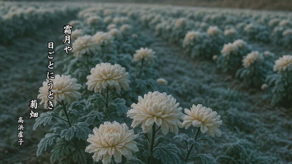冬の時候季語12選vol.1-有名俳人の句で知る季節のことば「霜月」『霜月や 日ごとにうとき 菊畑』「高浜虚子」の俳句のイメージイラスト画像
