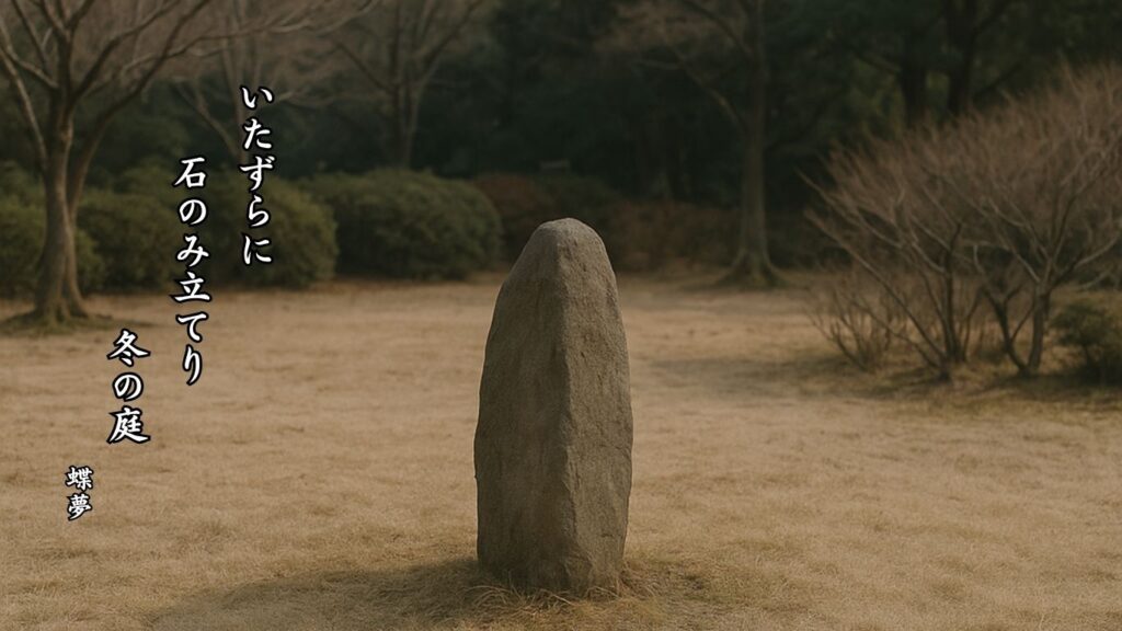 冬の地理季語12選vol.1-有名俳人の句で知る季節のことば「冬の庭」『いたずらに 石のみ立てり 冬の庭』「蝶夢」の俳句のイメージイラスト画像