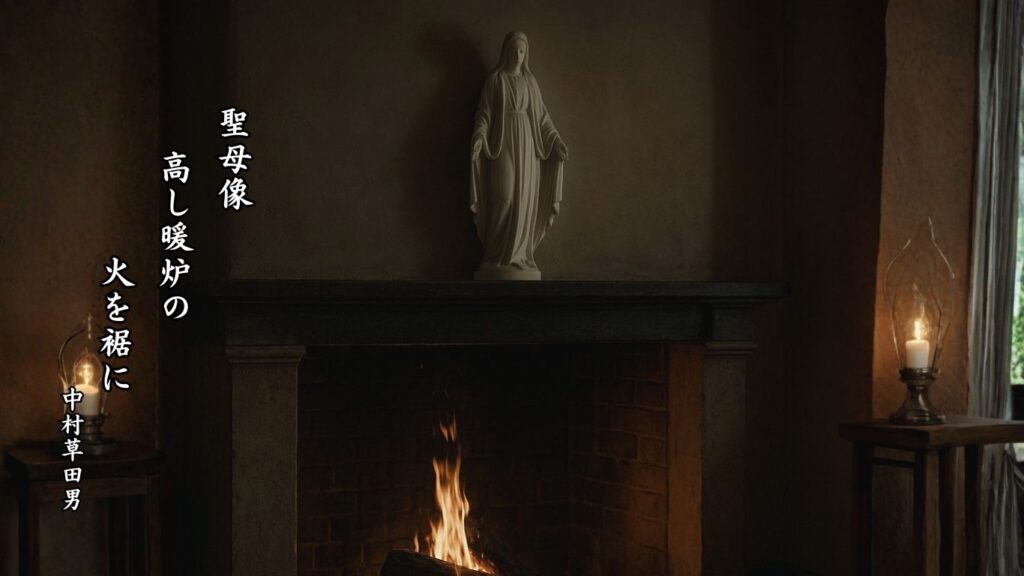 冬の人事季語12選vol.1-有名俳人の句で知る季節のことば「暖炉」『聖母像 高し暖炉の 火を裾に』「中村草田男」の俳句のイメージイラスト画像