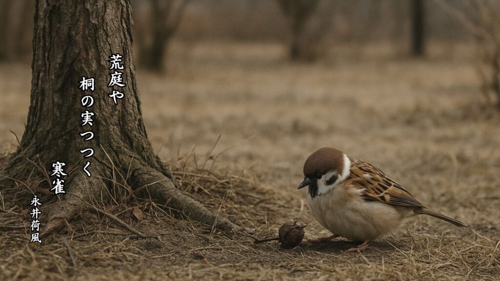 冬の動物季語12選vol.1-有名俳人の句で知る季節のことば「寒雀」『荒庭や 桐の実つつく 寒雀』「永井荷風」の俳句のイメージイラスト画像