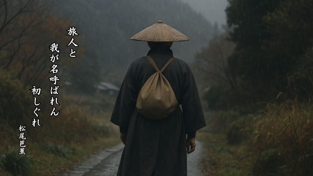冬の天文季語12選vol.1-有名俳人の句で知る季節のことば「初時雨」『旅人と 我が名呼ばれん 初しぐれ』「松尾芭蕉」の俳句のイメージイラスト画像