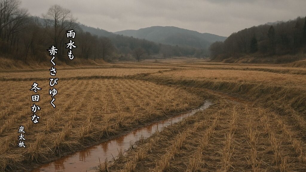 冬の地理季語12選vol.1-有名俳人の句で知る季節のことば「冬田」『雨水も 赤くさびゆく 冬田かな』「炭太祇」の俳句のイメージイラスト画像