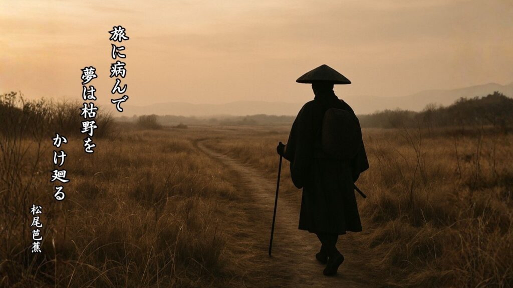 冬の地理季語12選vol.1-有名俳人の句で知る季節のことば「枯野」『旅に病んで 夢は枯野を かけ廻る』「松尾芭蕉」の俳句のイメージイラスト画像