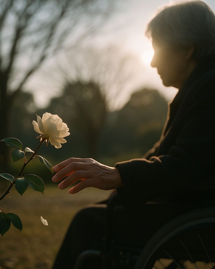 わたぼうし短歌帖「母の手に 終幕告げる 冬薔薇の
日差しは今も 微笑みのこす」短歌イメージ画像