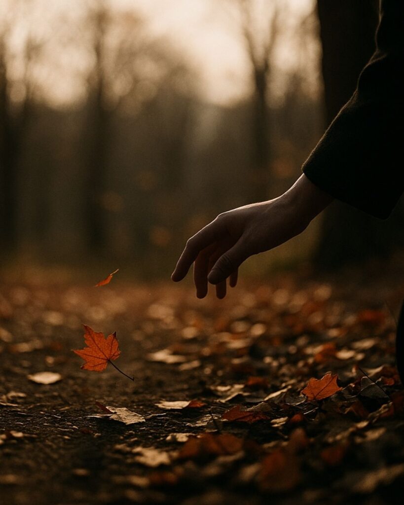 わたぼうし短歌帖「落葉へと　拾う心の　揺れうつり
迷いはそっと　風にほどけぬ」短歌イメージ画像