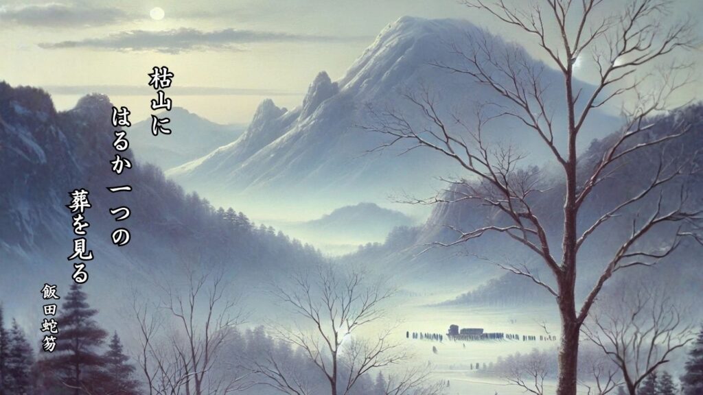 冬の地理季語12選vol.1-有名俳人の句で知る季節のことば「枯山」『枯山に はるか一つの 葬を見る』「飯田蛇笏」の俳句のイメージイラスト画像