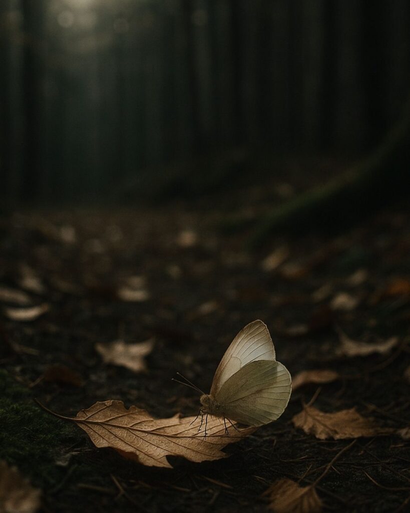 わたぼうし短歌帖「落葉へと　拾う心の　揺れうつり
迷いはそっと　風にほどけぬ」短歌イメージ画像