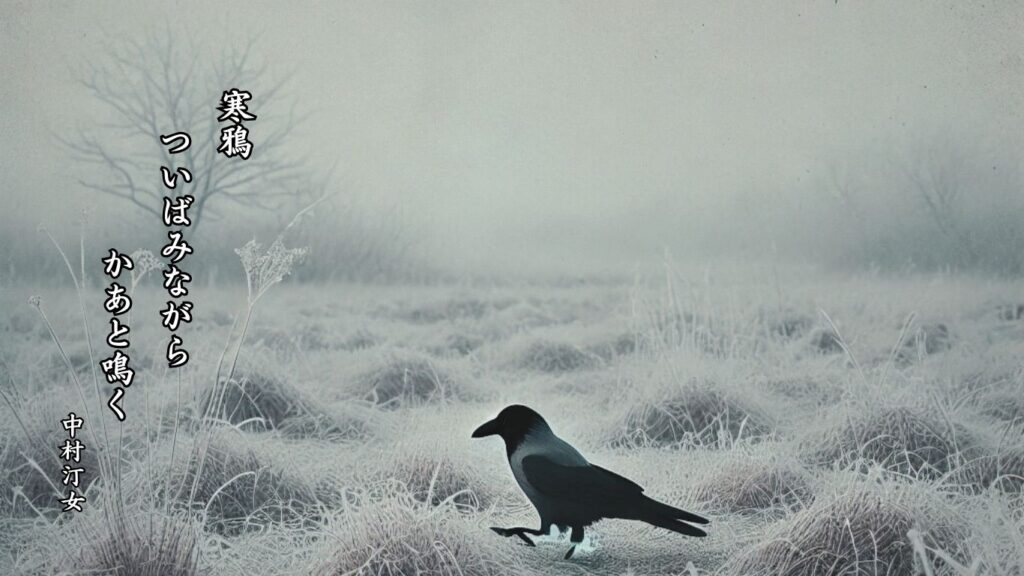 冬の動物季語12選vol.1-有名俳人の句で知る季節のことば「寒鴉」『寒鴉 ついばみながら かあと鳴く』「中村汀女」の俳句のイメージイラスト画像