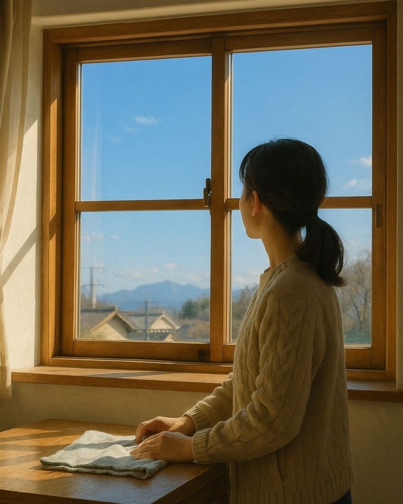 わたぼうし短歌帖「冬支度 窓にうつるは 美空かな
手をとめ見いて 心たしかむ」短歌イメージ画像