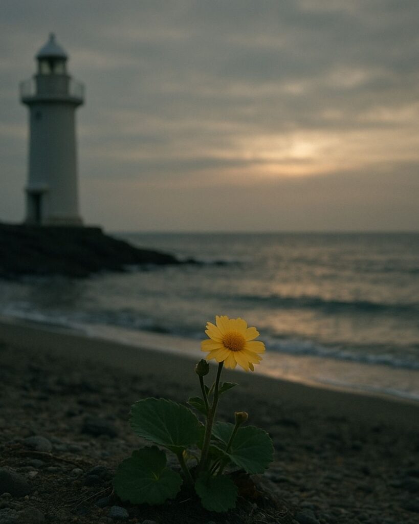 わたぼうし短歌帖「冬の浜 灯のかげ淡く つわ咲けり
見ゆるは風の ほの灯のみなり」短歌イメージ画像