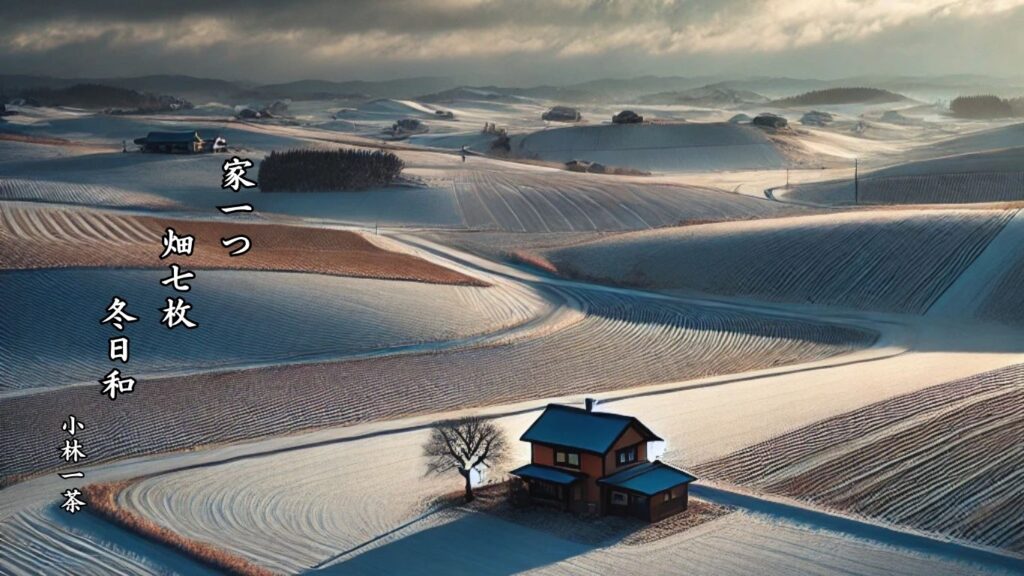 冬の天文季語12選vol.1-有名俳人の句で知る季節のことば「冬晴」『家一つ 畑七枚 冬日和』「小林一茶」の俳句のイメージイラスト画像