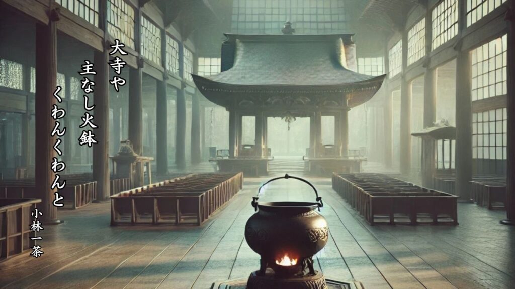 冬の人事季語12選vol.1-有名俳人の句で知る季節のことば「火鉢」『大寺や 主なし火鉢 くわんくわんと』「小林一茶」の俳句のイメージイラスト画像