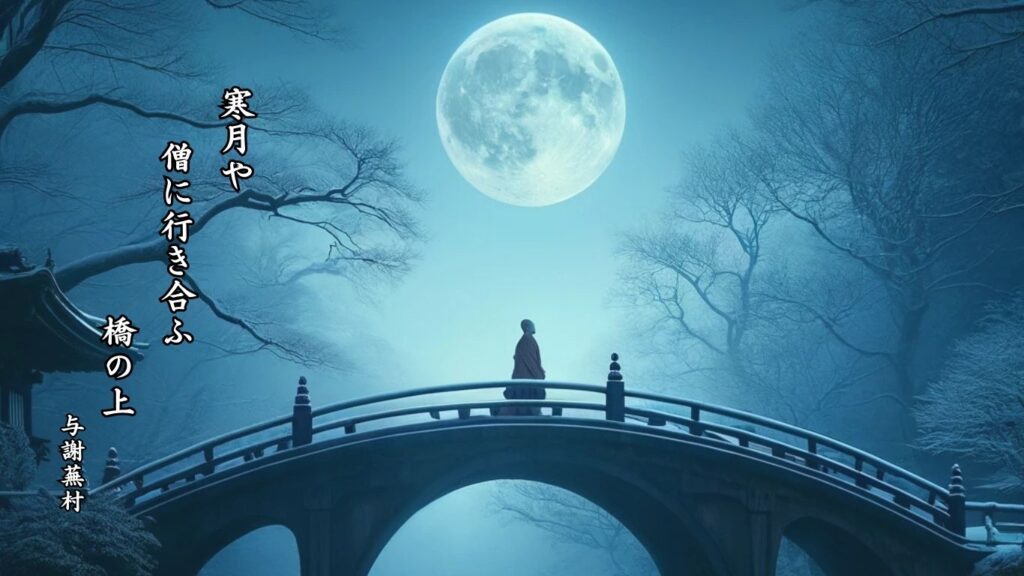 冬の天文季語12選vol.1-有名俳人の句で知る季節のことば「冬の月」『寒月や 僧に行き合ふ 橋の上』「与謝蕪村」の俳句のイメージイラスト画像