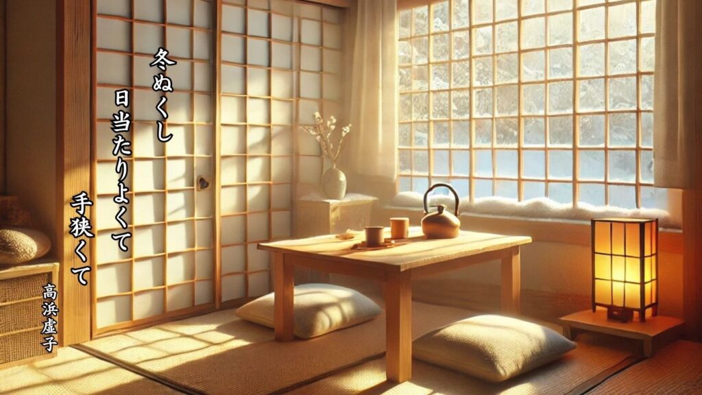 冬の時候季語12選vol.1-有名俳人の句で知る季節のことば「冬ぬくし」『冬ぬくし 日当たりよくて 手狭くて』「高浜虚子」の俳句のイメージイラスト画像