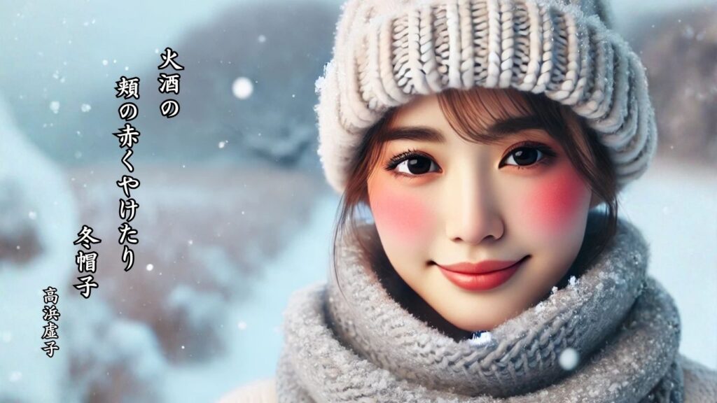 冬の人事季語12選vol.1-有名俳人の句で知る季節のことば「冬帽子」『火酒の 頬の赤くやけたり 冬帽子』「高浜虚子」の俳句のイメージイラスト画像