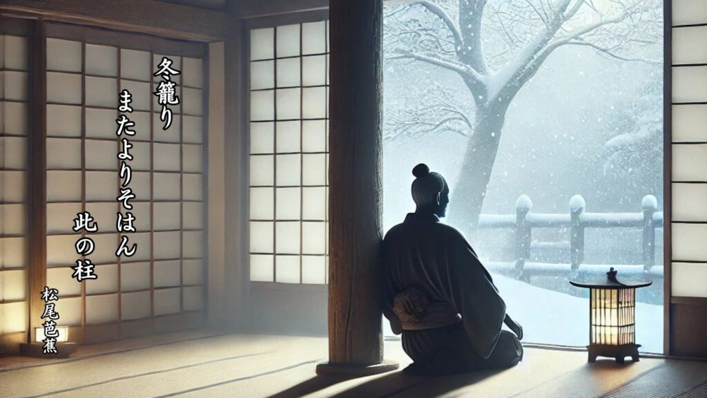 冬の人事季語12選vol.1-有名俳人の句で知る季節のことば「冬籠」『冬籠り またよりそはん 此の柱』「松尾芭蕉」の俳句のイメージイラスト画像