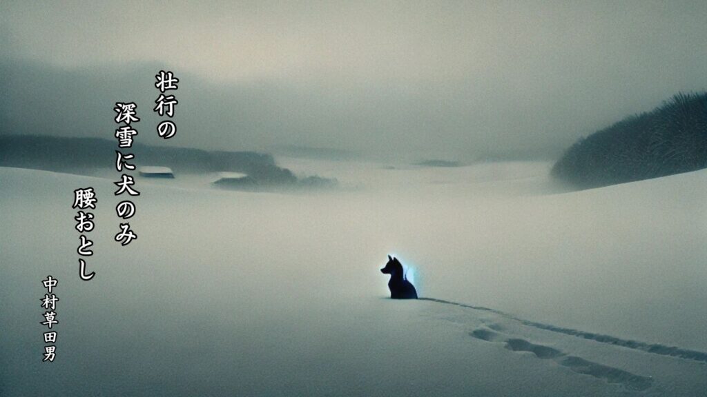 冬の動物季語12選vol.1-有名俳人の句で知る季節のことば「寒犬」『壮行の 深雪に犬のみ 腰おとし』「中村草田男」の俳句のイメージイラスト画像