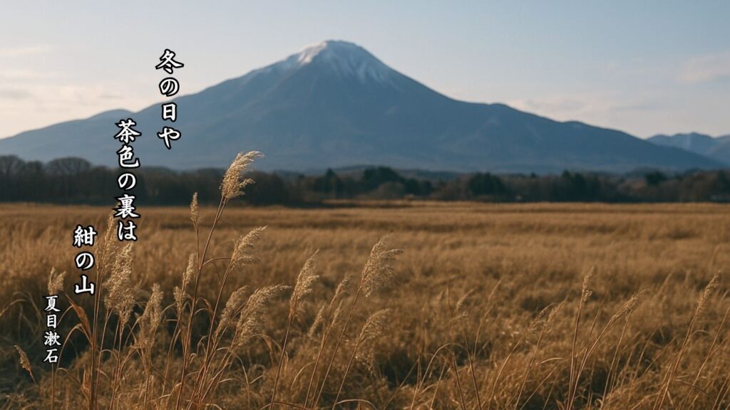 冬の時候季語12選vol.1-有名俳人の句で知る季節のことば「冬の日」『冬の日や 茶色の裏は 紺の山』「夏目漱石」の俳句のイメージイラスト画像