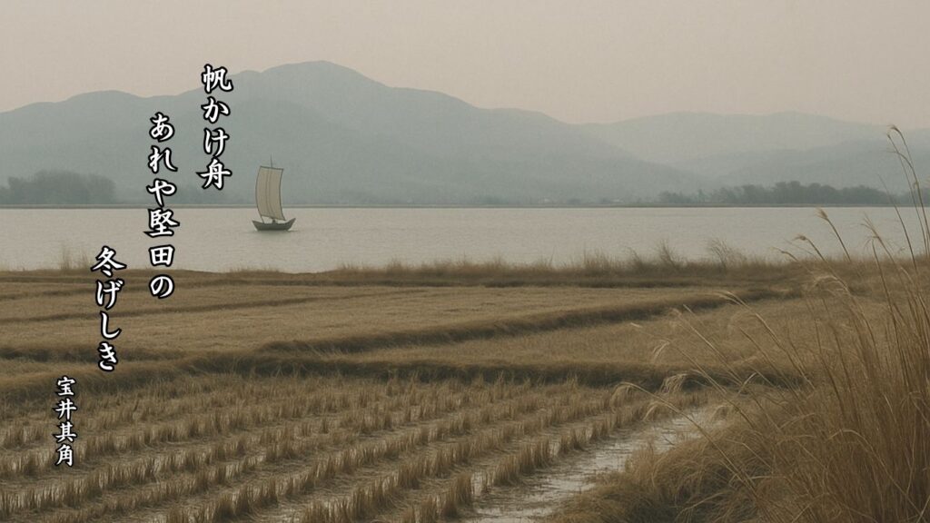 冬の地理季語12選vol.1-有名俳人の句で知る季節のことば「冬景色」『帆かけ舟 あれや堅田の 冬げしき』「宝井其角」の俳句のイメージイラスト画像