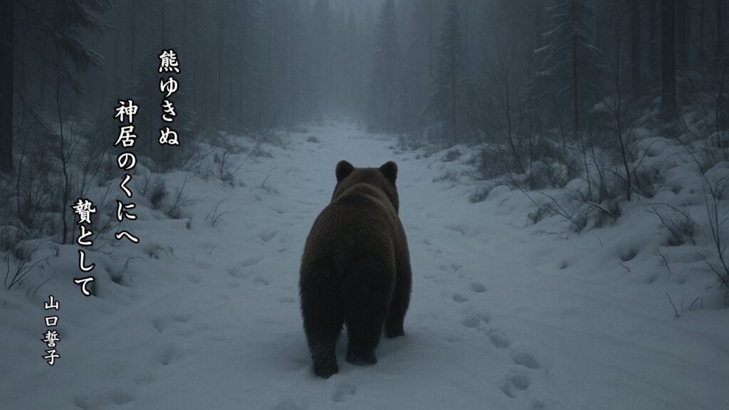冬の動物季語12選vol.1-有名俳人の句で知る季節のことば「熊」『熊ゆきぬ 神居のくにへ 贄として』「山口誓子」の俳句のイメージイラスト画像