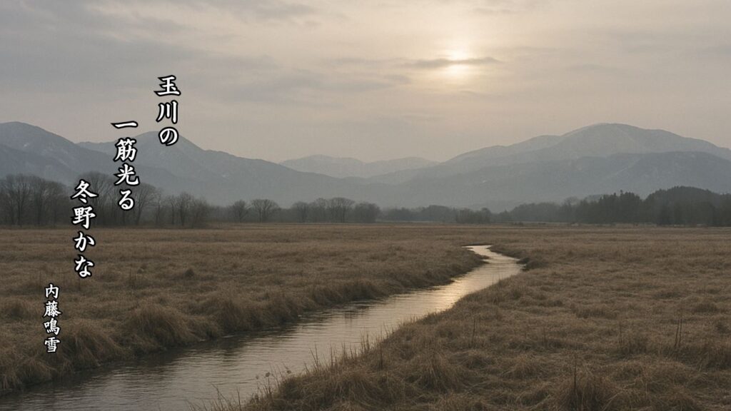 冬の地理季語12選vol.1-有名俳人の句で知る季節のことば「冬野」『玉川の 一筋光る 冬野かな』「内藤鳴雪」の俳句のイメージイラスト画像