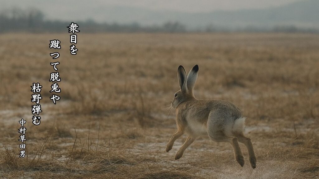 冬の動物季語12選vol.1-有名俳人の句で知る季節のことば「兎」『衆目を 蹴つて脱兎や 枯野弾む』「中村草田男」の俳句のイメージイラスト画像