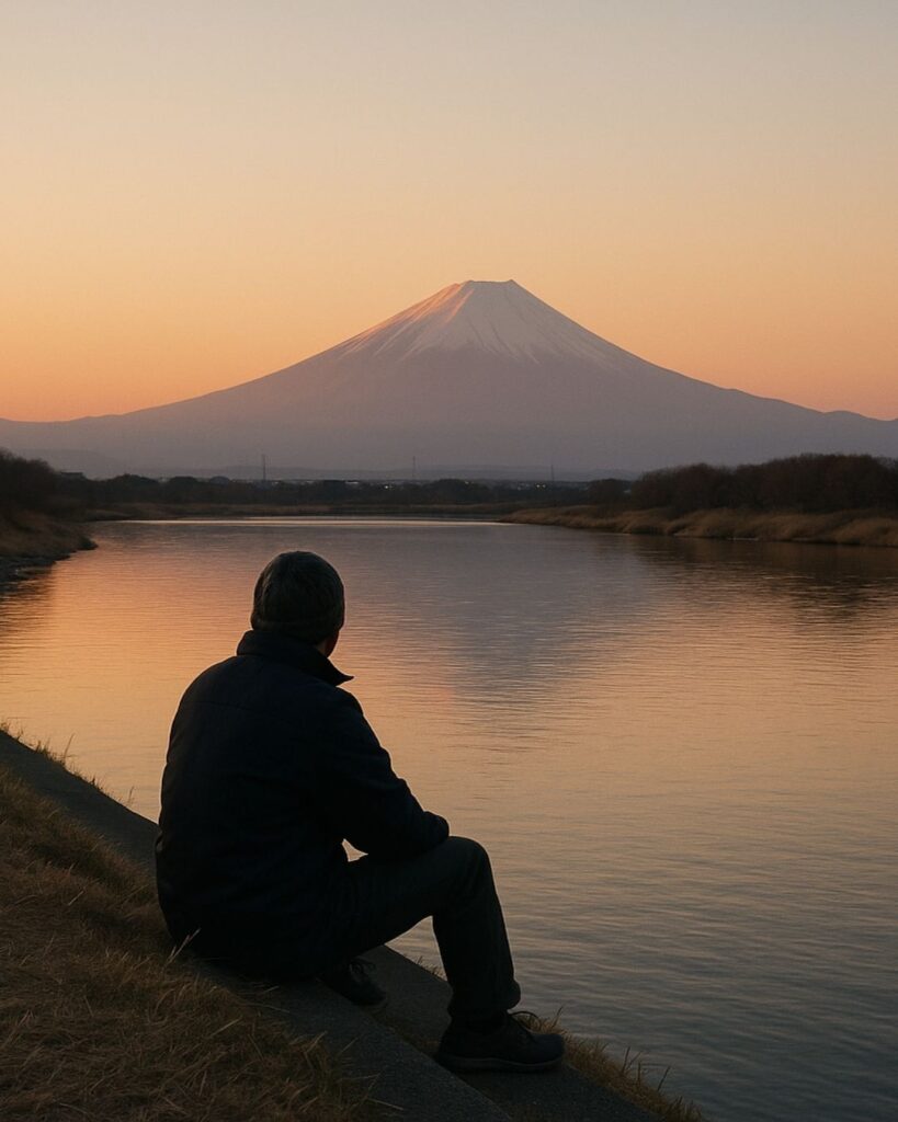 末吉俳句日記「冬川や 土手に腰かけ 富士暮るる」俳句イメージ画像