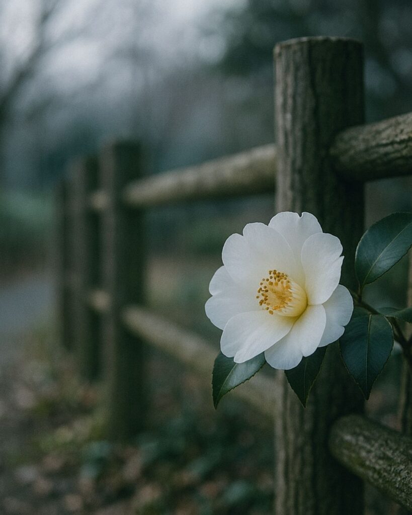 末吉俳句日記「侘助や 柵よりひそと 白に咲く」俳句イメージ画像