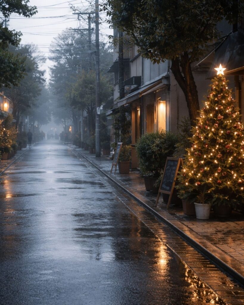 末吉俳句日記「聖樹立つ　濡れし街路の　朝しづか」俳句イメージ画像