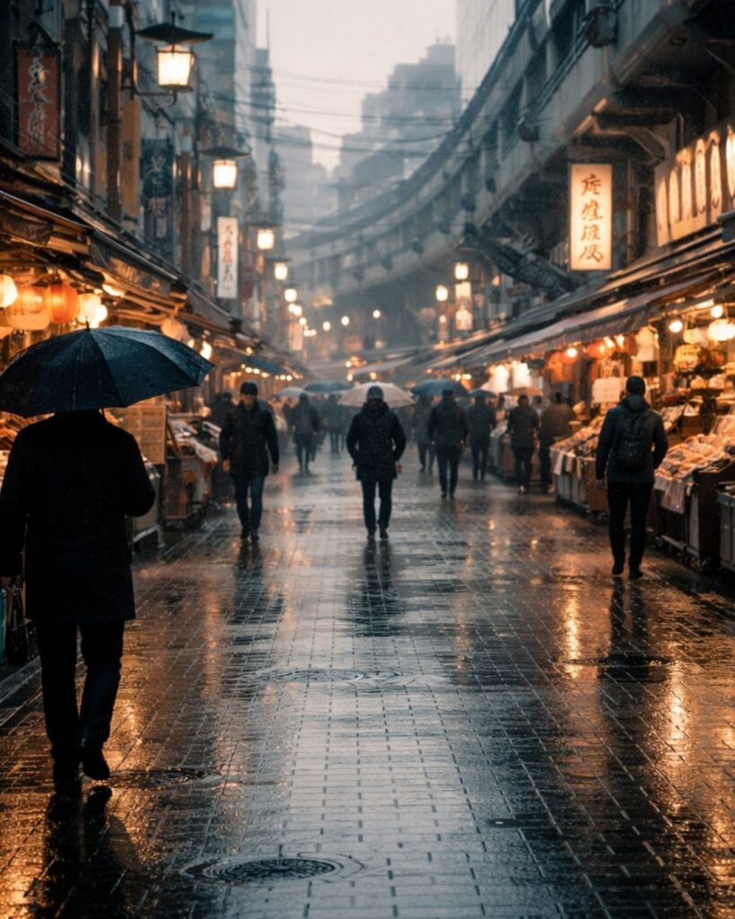 末吉俳句日記「アメ横や 時雨の中に 間を置きて」俳句イメージ画像