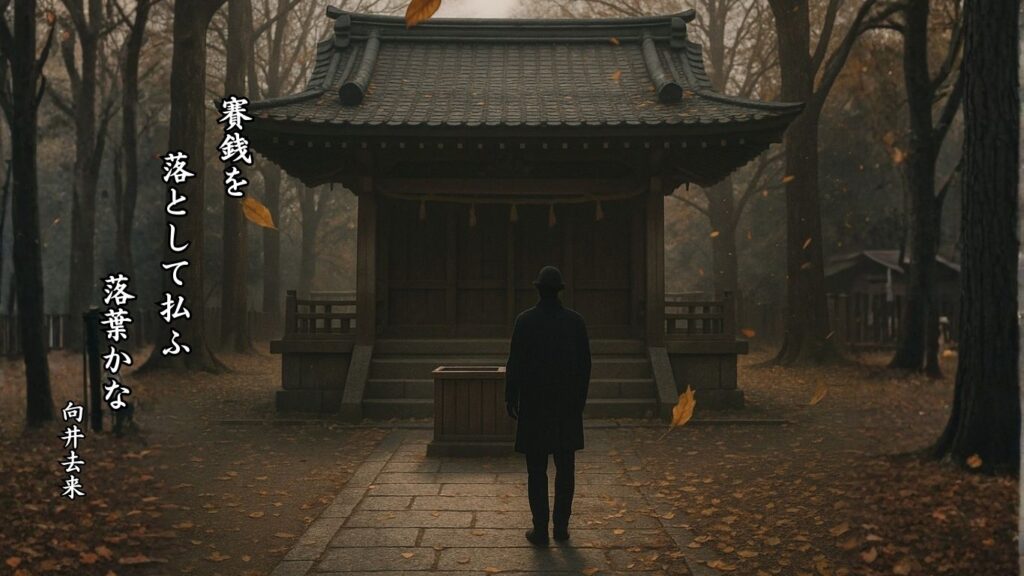 冬の植物季語12選vol.1-有名俳人の句で知る季節のことば「落葉」『賽銭を 落として払ふ 落葉かな』「向井去来」の俳句のイメージイラスト画像