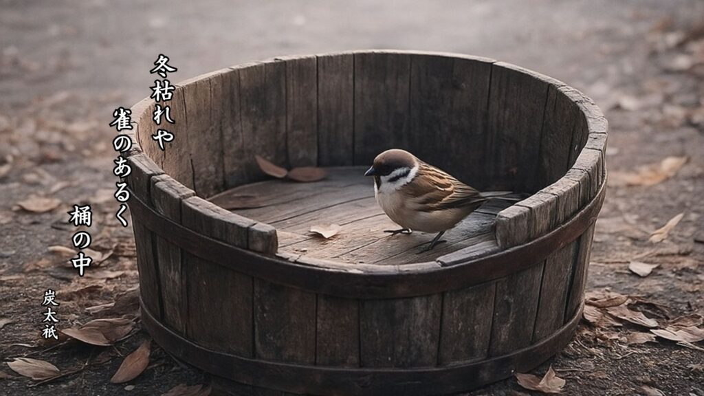 冬の植物季語12選vol.1-有名俳人の句で知る季節のことば「冬枯」『冬枯れや 雀のあるく 桶の中』「炭太祇」の俳句のイメージイラスト画像