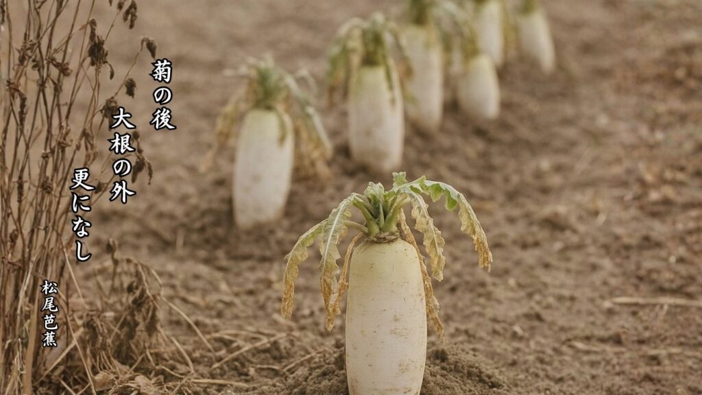 冬の植物季語12選vol.1-有名俳人の句で知る季節のことば「大根」『菊の後 大根の外 更になし』「松尾芭蕉」の俳句のイメージイラスト画像