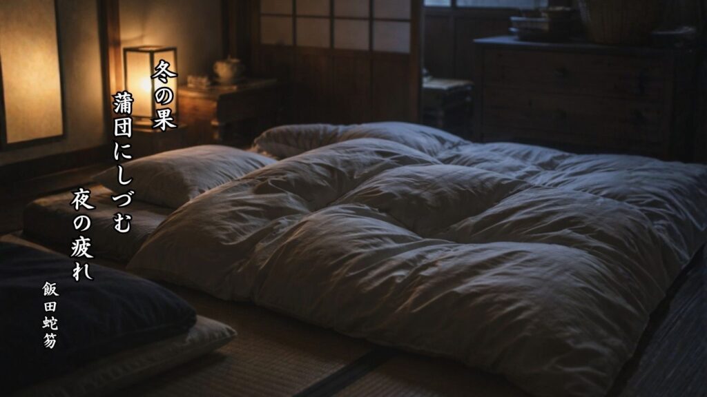 冬の時候季語12選vol.2-有名俳人の句で知る季節のことば「冬の果」『冬の果　蒲団にしづむ　夜の疲れ』「飯田蛇笏」の俳句のイメージイラスト画像
