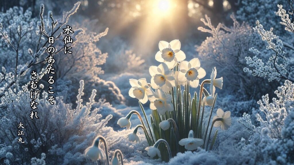 冬の植物季語12選vol.1-有名俳人の句で知る季節のことば「水仙」『水仙に 日のあたるこそ さむげなれ』「大江丸」の俳句のイメージイラスト画像